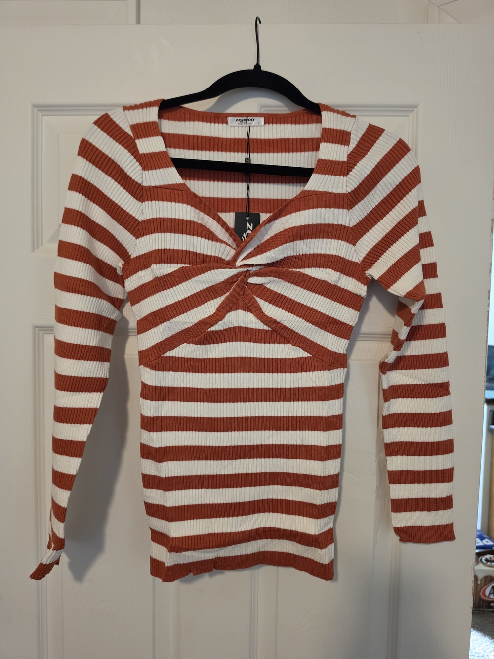 zeagoo Rust and White Twist-Front Striped Long Sleeve Top